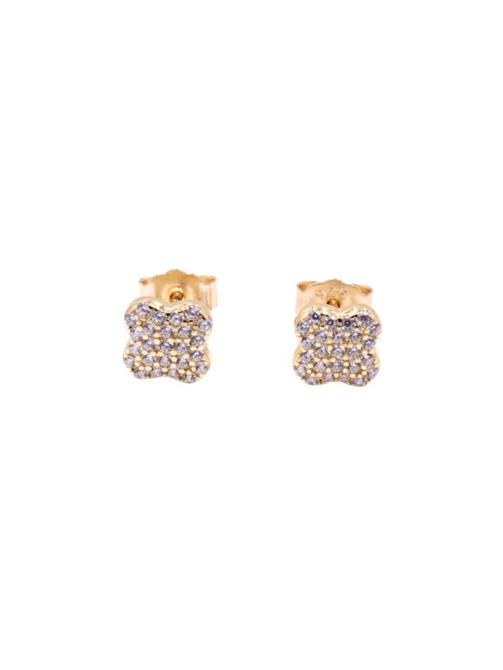 Sterling Silver Gold Tone Pave CZ Lucky Four Leaf Clover Stud Earrings